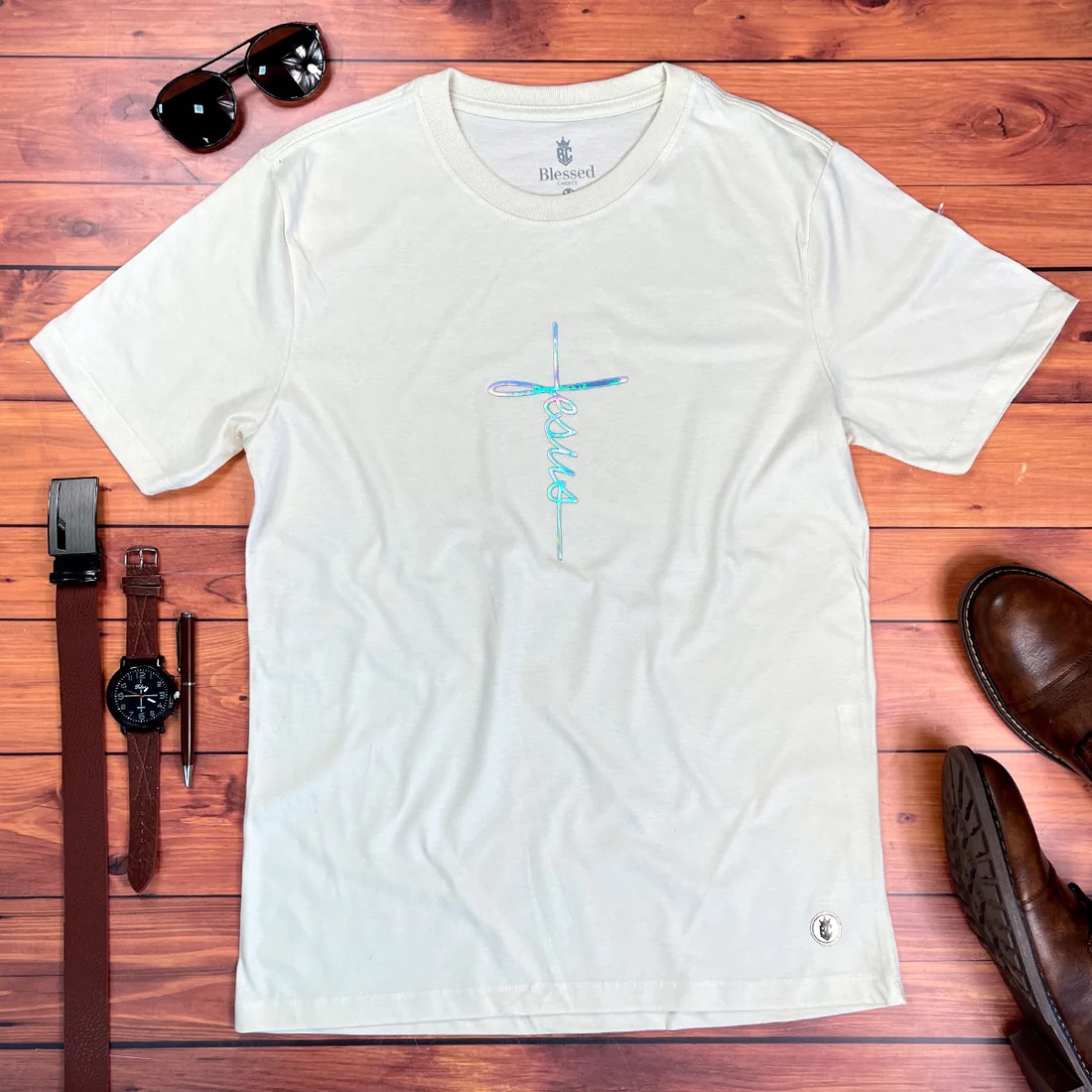 Camiseta Masculina preto Aplique Cruz Jesus - Imagem 5