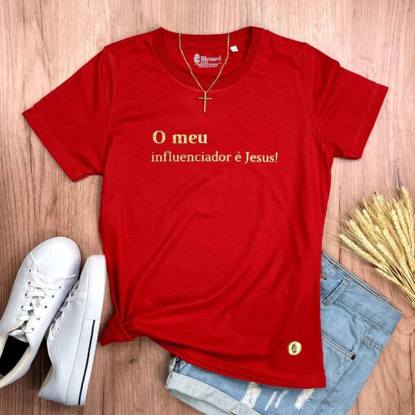 Camiseta Feminina Preta O Meu Influenciador É Jesus!