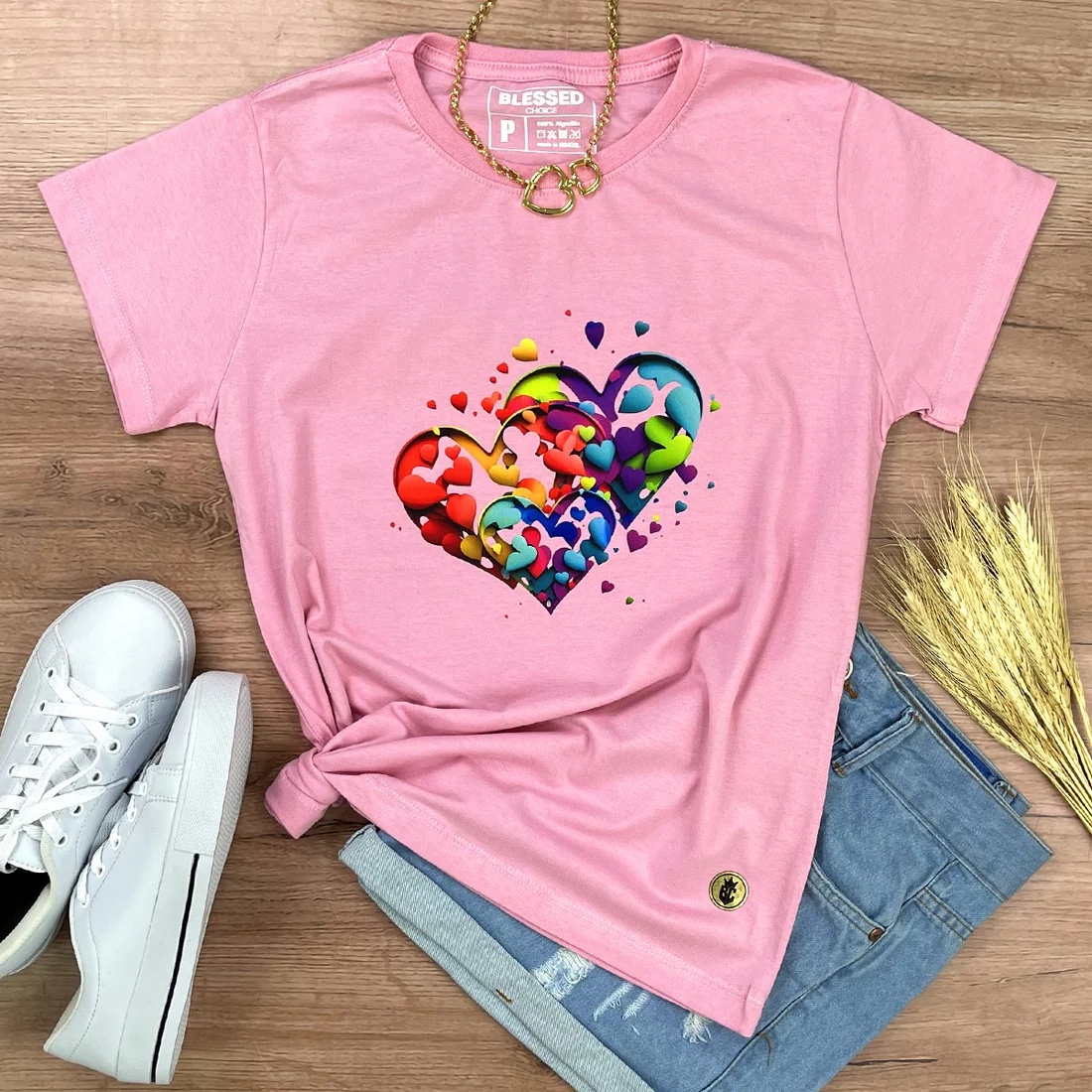 Camiseta Feminina Preta Corações - Imagem 4