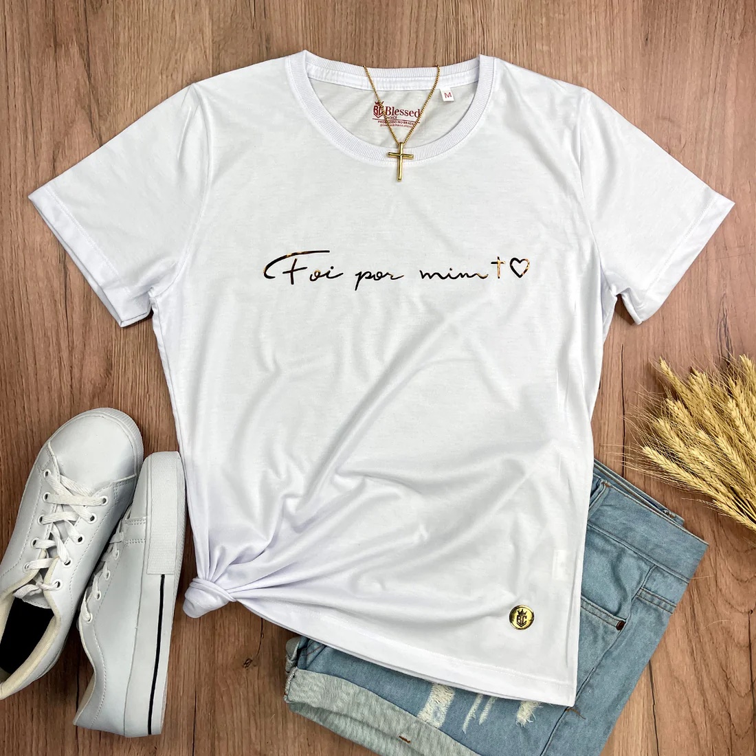 Camiseta Feminina Off White Foi Por Mim Cruz Coração - Imagem 3
