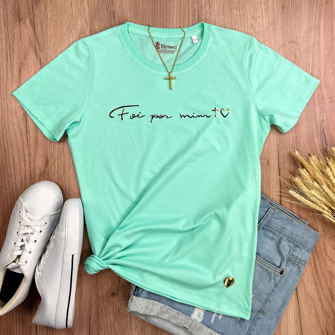 Camiseta Feminina Off White Foi Por Mim Cruz Coração - Imagem 6