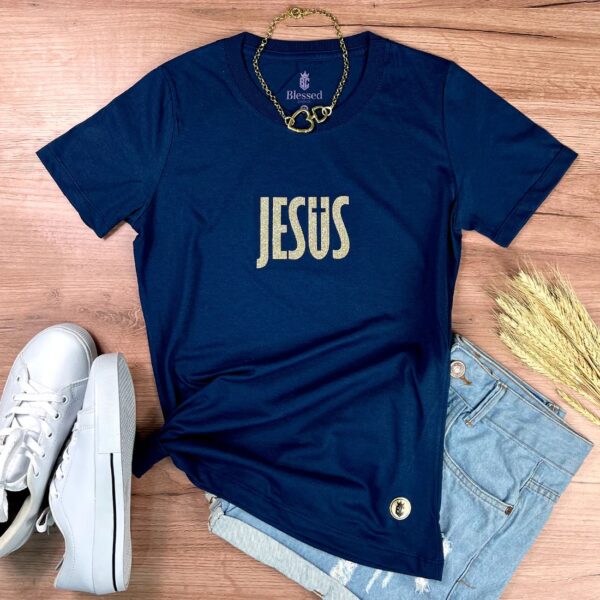 Camiseta Feminina Preta Jesus Cruz Glitter