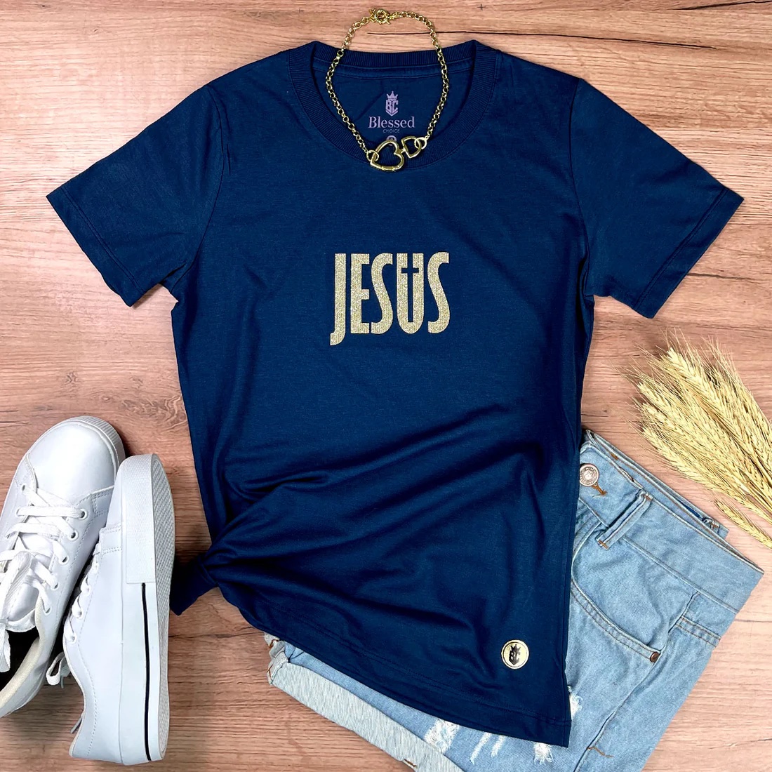 Camiseta Feminina Preta Jesus Cruz Glitter - Imagem 9