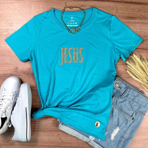 Camiseta Feminina Preta Jesus Cruz Glitter
