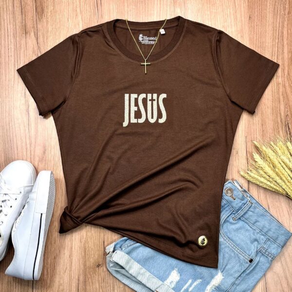 Camiseta Feminina Preta Jesus Cruz Glitter