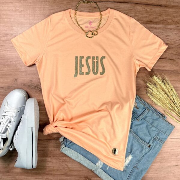 Camiseta Feminina Preta Jesus Cruz Glitter