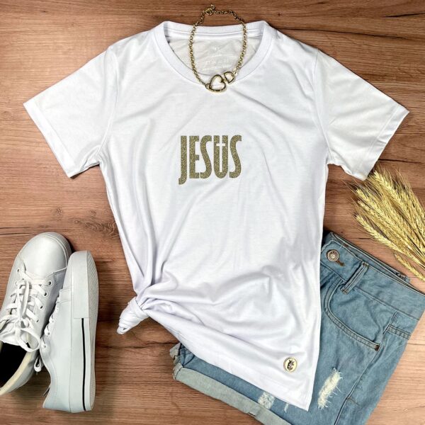 Camiseta Feminina Preta Jesus Cruz Glitter